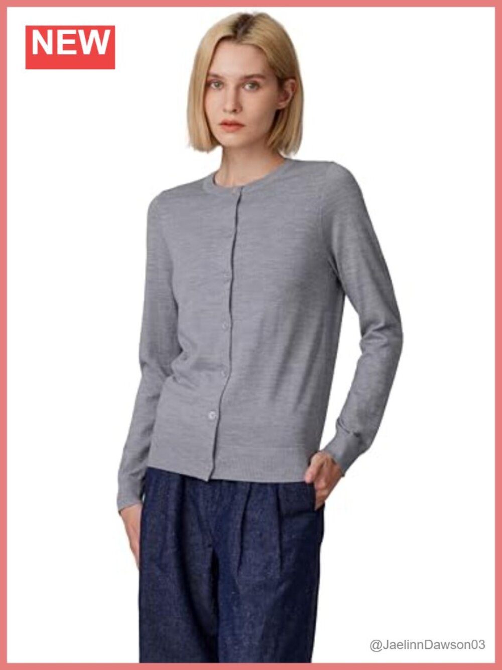 100% Merino Wool Crewneck Cardigan Sweater Button Front